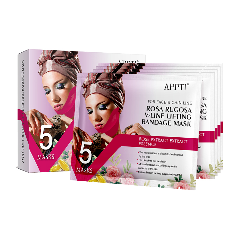 APPTI Rose Rugosa V-Line Hubing Bandage Maske Gesicht Abnehmen Riemen Schönheit Doppelkinn Reduzierer Hydrogel Gesichtsmaske, um das Kinn anzuheben und Haut festziehen